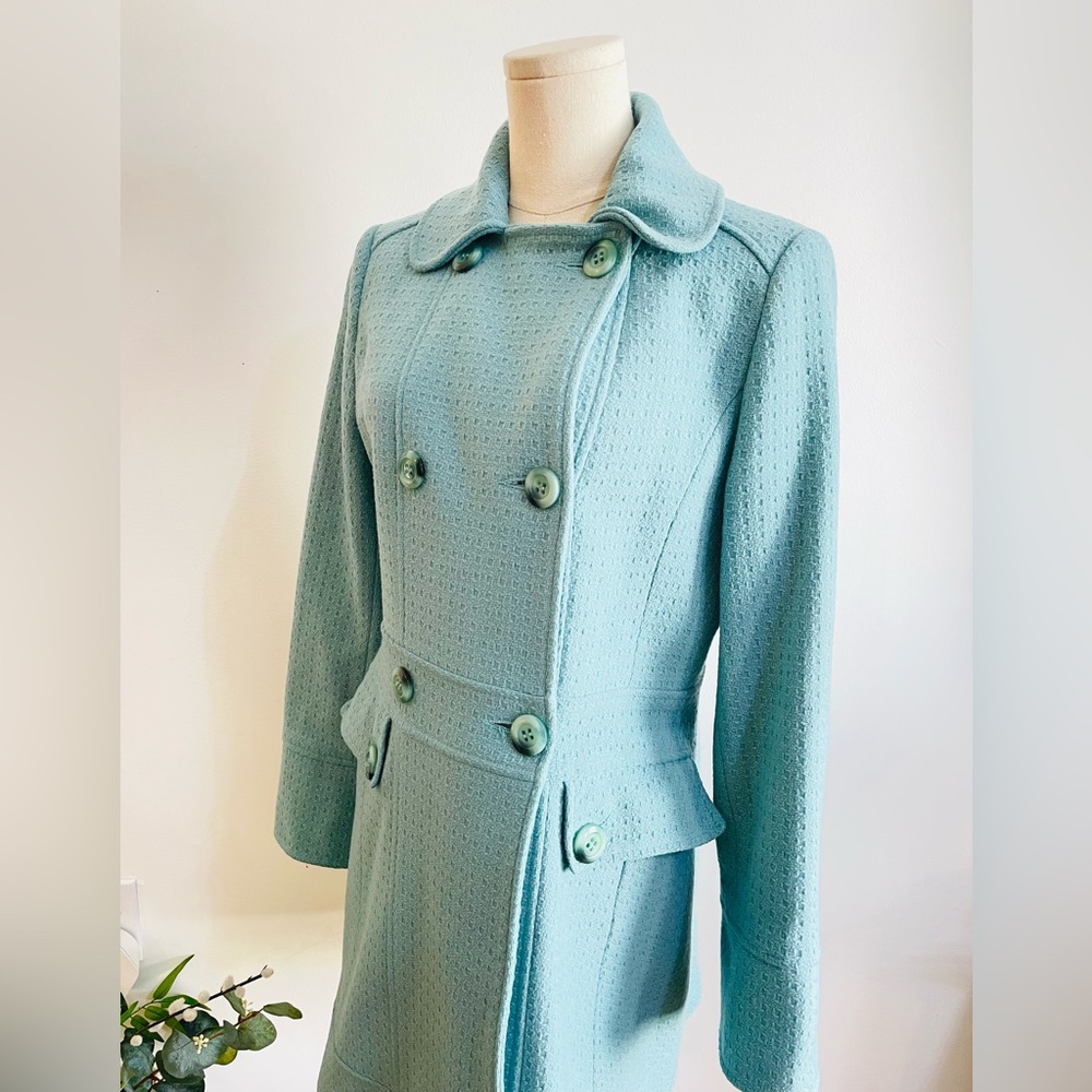 BUTTERFLY by Matthew Williamson Turquoise Blue Textured Double Breasted Coat.